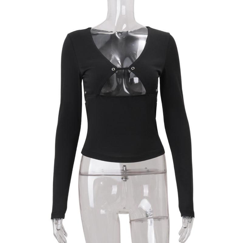 Edgy Chic Black Cutout Grommet Long Sleeve Top - Y2K Fall Fashion Statement