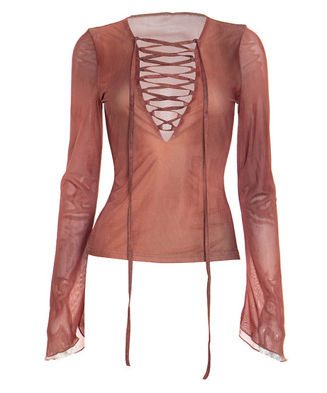 Spiced Rust Sheer Lace-Up Mesh Top - Fall V-Neck Bell Sleeve Blouse