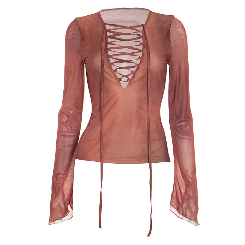Spiced Rust Sheer Lace-Up Mesh Top - Fall V-Neck Bell Sleeve Blouse