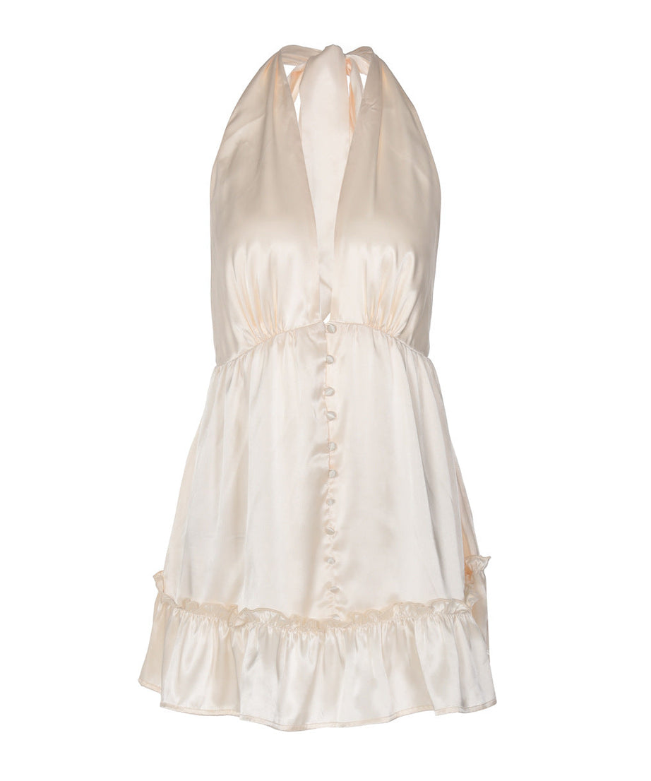 Effortless Chic: Champagne Halter Deep V Satin Mini Dress - Holiday Party & Date Night Ready