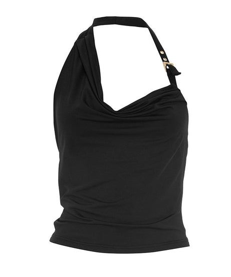 Effortless Chic: Black Draped Halter Cowl Neck Top – Your Fall Wardrobe Essential