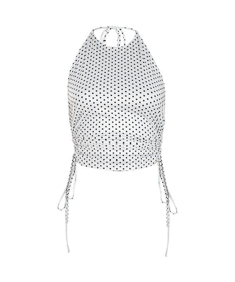 Chic Polka Dot Halter Top – Adjustable Ruched Drawstring for Effortless Fall Style & Getaways