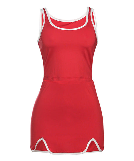 Flirty & Sporty: Vibrant Red Scalloped Hem Tank & Mini Skirt Set - Your Go-To for Fall Fun