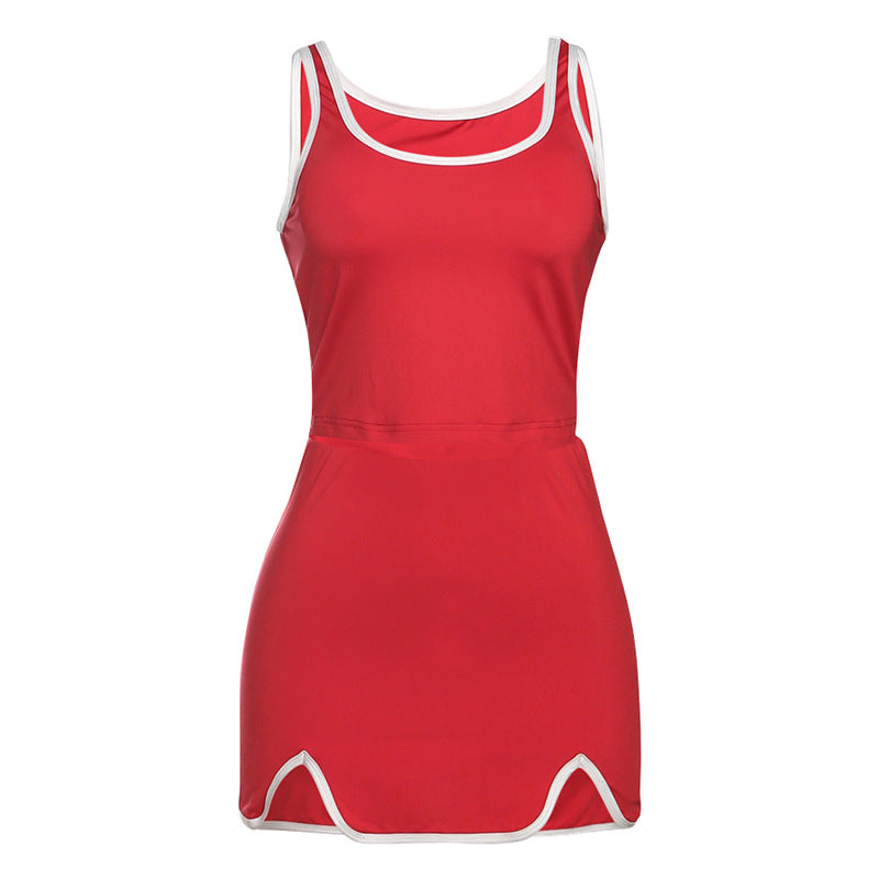 Flirty & Sporty: Vibrant Red Scalloped Hem Tank & Mini Skirt Set - Your Go-To for Fall Fun