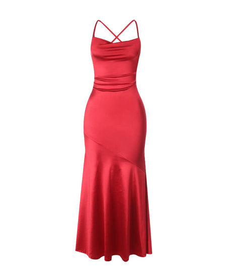 Elegant Red Satin Cowl Neck Criss-Cross Back Mermaid Maxi Dress - Perfect for Holiday Galas & New Year's Eve