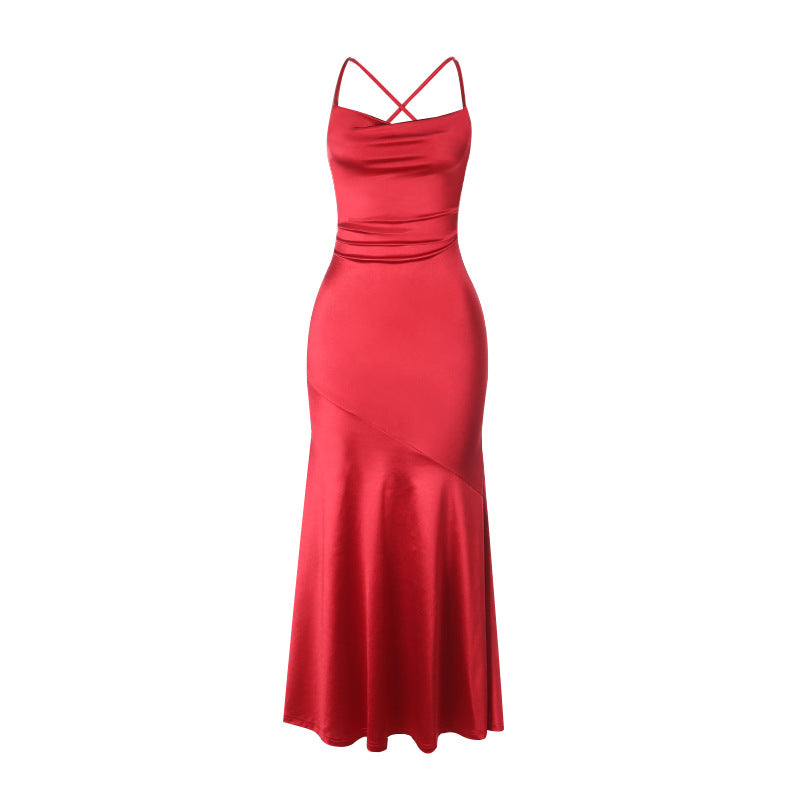 Elegant Red Satin Cowl Neck Criss-Cross Back Mermaid Maxi Dress - Perfect for Holiday Galas & New Year's Eve