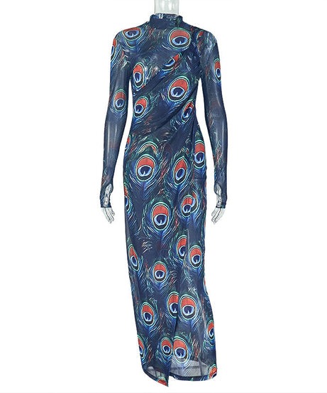 Mesmerizing Peacock Feather Mesh Maxi Dress - High Neck, Slit & Long Sleeve for Fall/Holiday Elegance