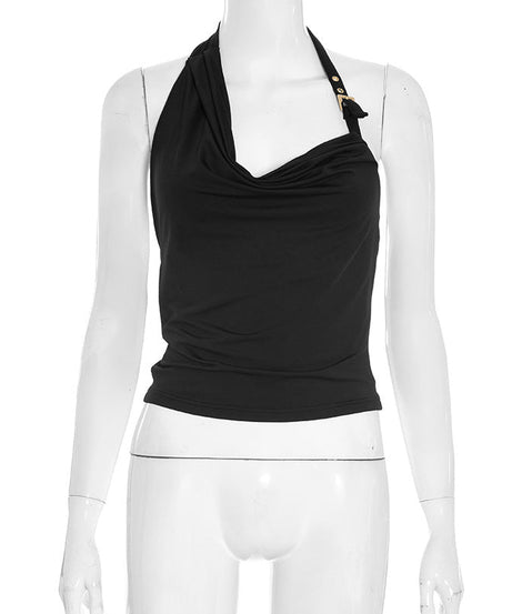 Effortless Chic: Black Draped Halter Cowl Neck Top – Your Fall Wardrobe Essential