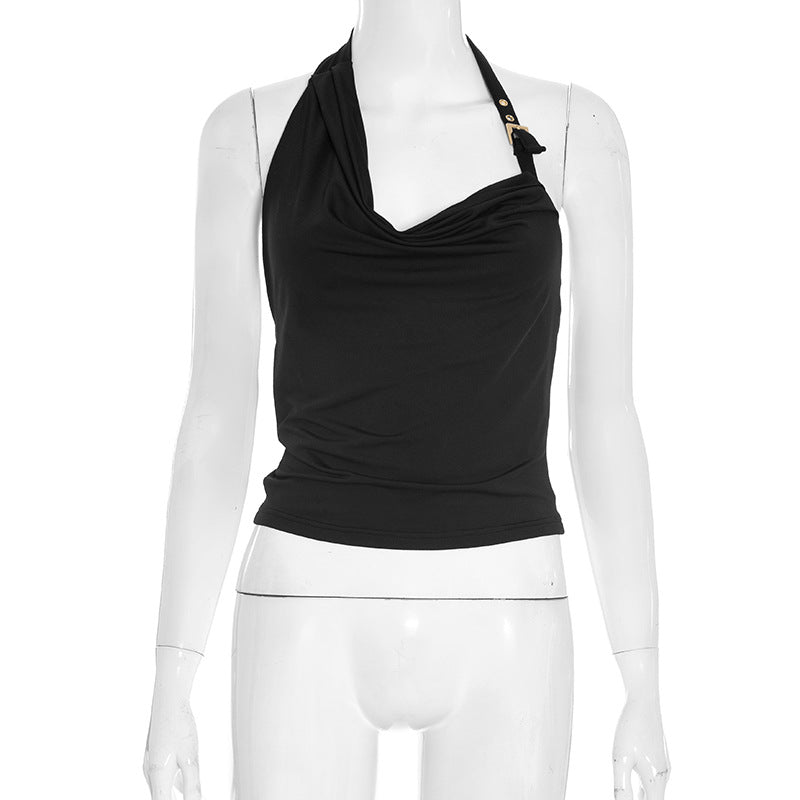 Effortless Chic: Black Draped Halter Cowl Neck Top – Your Fall Wardrobe Essential