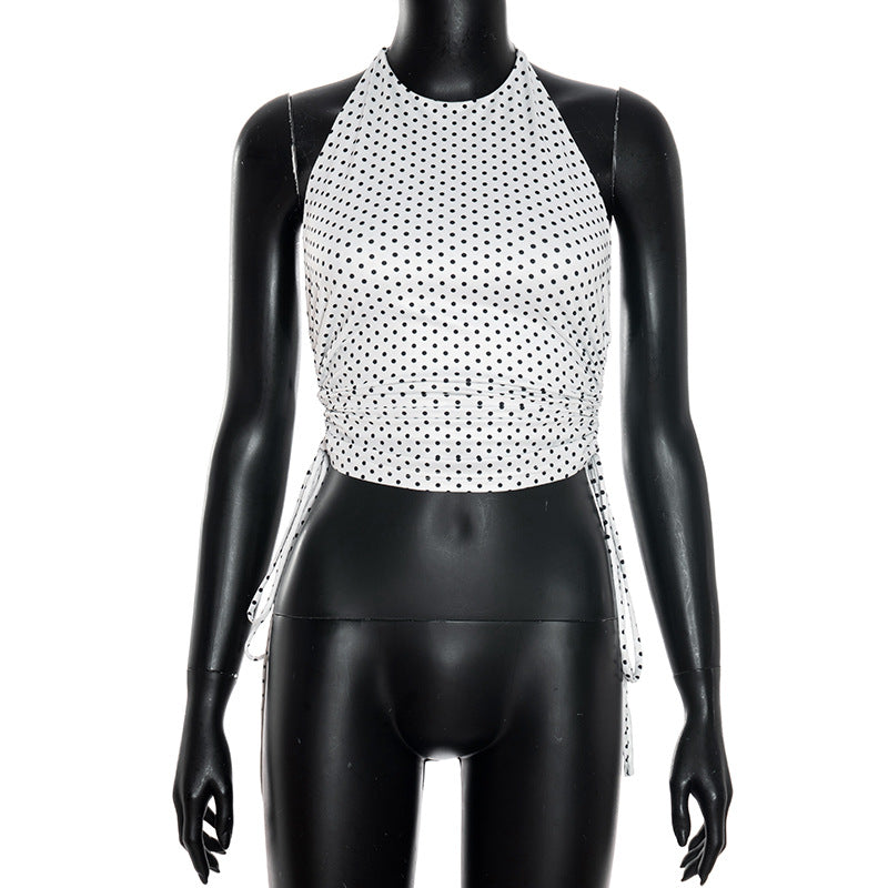 Chic Polka Dot Halter Top – Adjustable Ruched Drawstring for Effortless Fall Style & Getaways