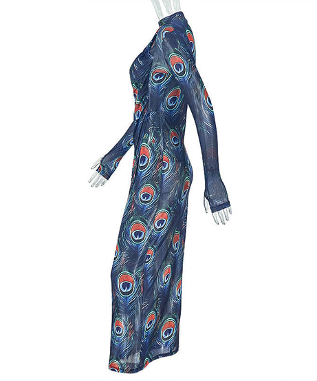 Mesmerizing Peacock Feather Mesh Maxi Dress - High Neck, Slit & Long Sleeve for Fall/Holiday Elegance