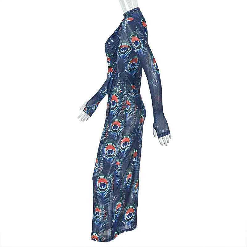 Mesmerizing Peacock Feather Mesh Maxi Dress - High Neck, Slit & Long Sleeve for Fall/Holiday Elegance