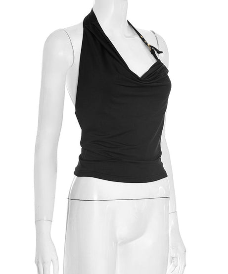 Effortless Chic: Black Draped Halter Cowl Neck Top – Your Fall Wardrobe Essential