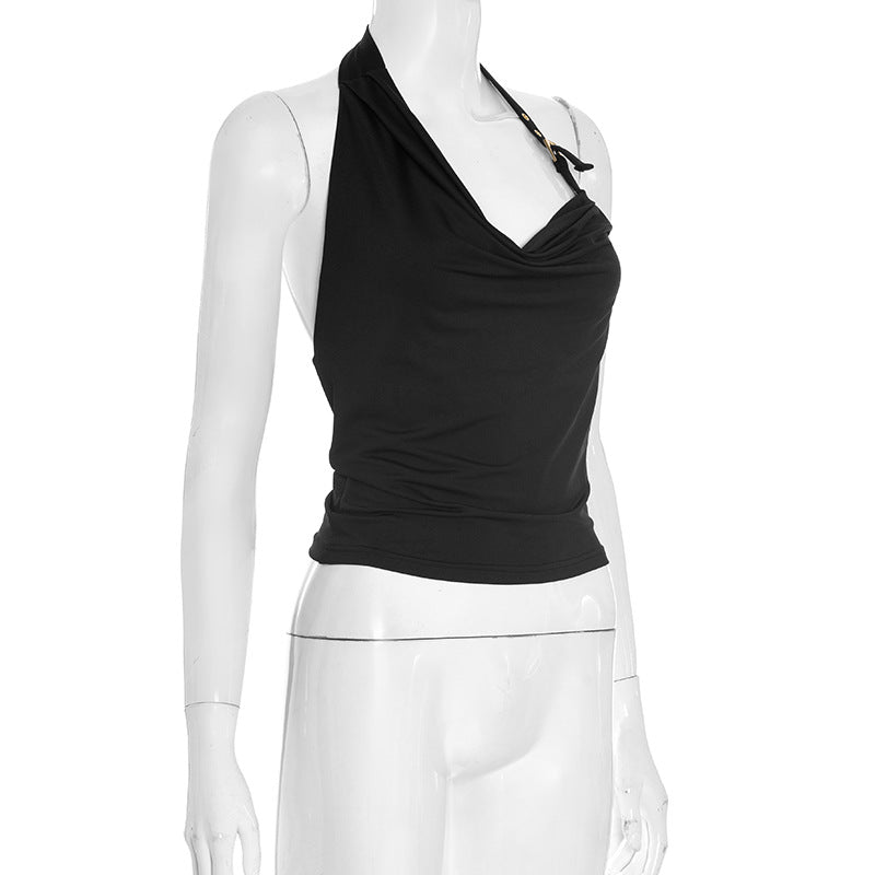 Effortless Chic: Black Draped Halter Cowl Neck Top – Your Fall Wardrobe Essential