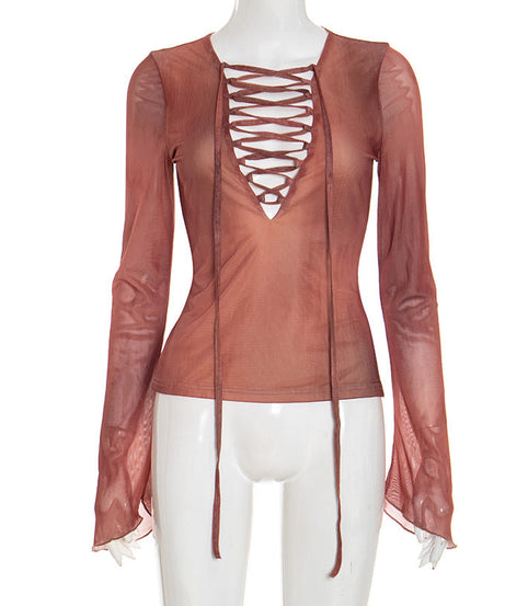 Spiced Rust Sheer Lace-Up Mesh Top - Fall V-Neck Bell Sleeve Blouse