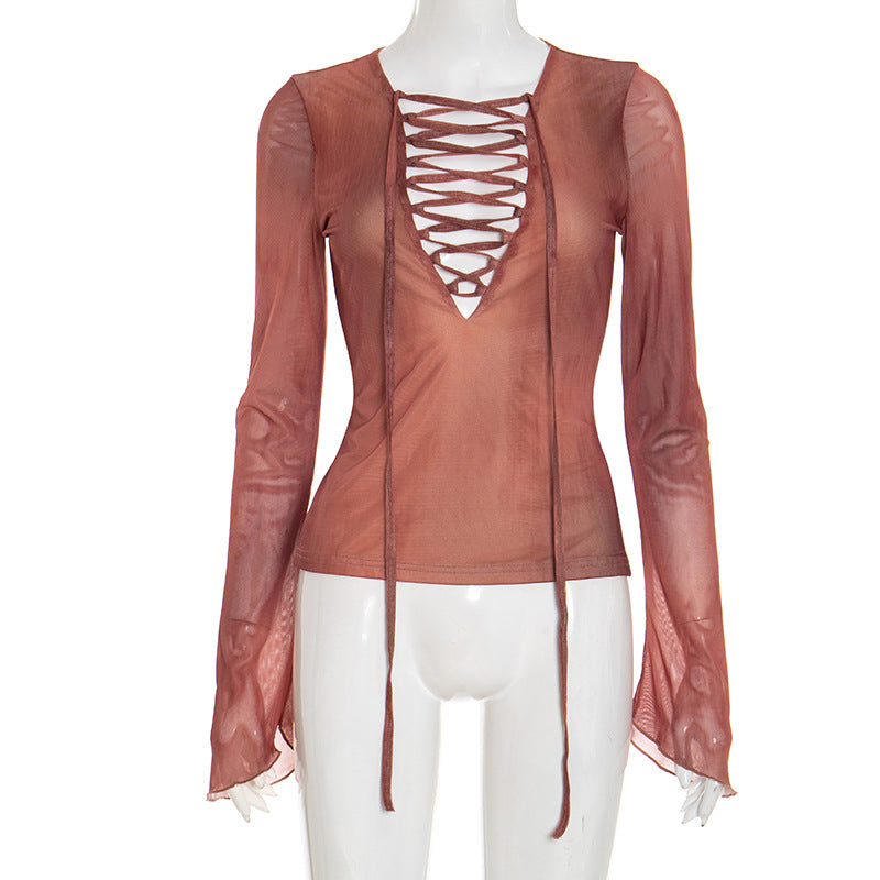 Spiced Rust Sheer Lace-Up Mesh Top - Fall V-Neck Bell Sleeve Blouse