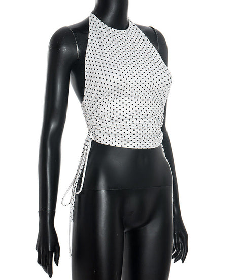 Chic Polka Dot Halter Top – Adjustable Ruched Drawstring for Effortless Fall Style & Getaways