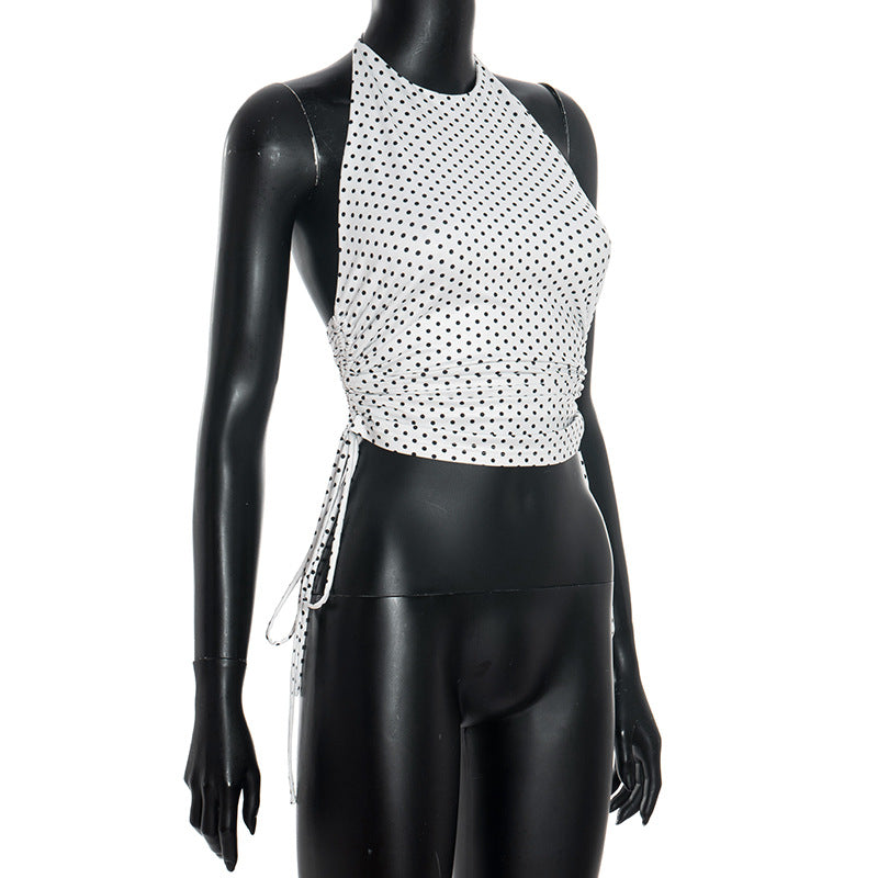 Chic Polka Dot Halter Top – Adjustable Ruched Drawstring for Effortless Fall Style & Getaways