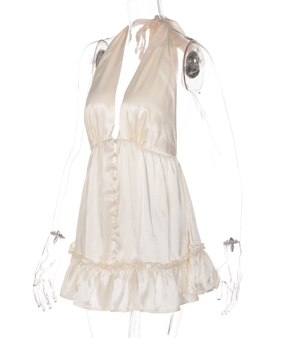 Effortless Chic: Champagne Halter Deep V Satin Mini Dress - Holiday Party & Date Night Ready