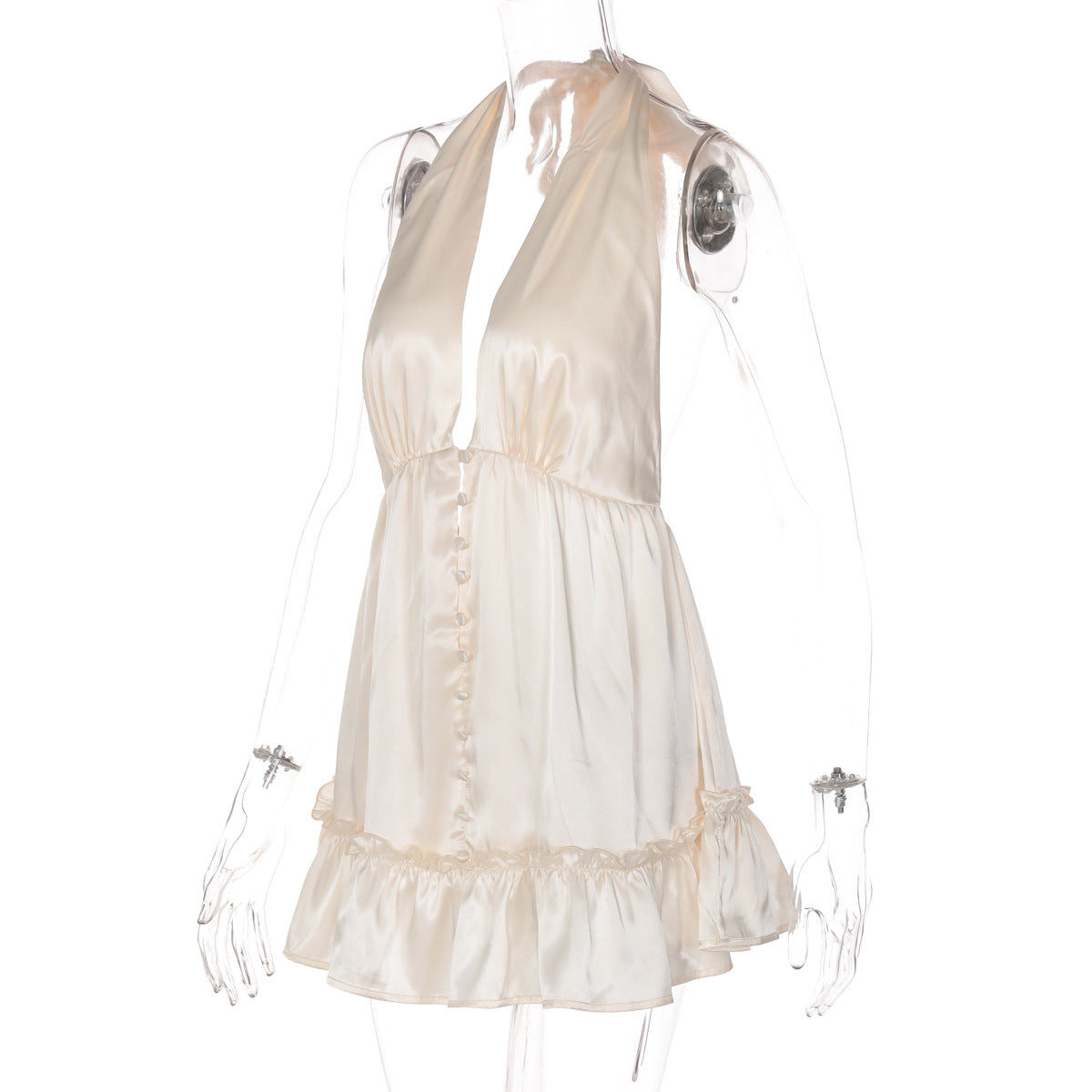 Effortless Chic: Champagne Halter Deep V Satin Mini Dress - Holiday Party & Date Night Ready