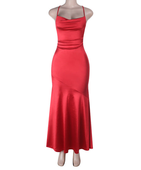 Elegant Red Satin Cowl Neck Criss-Cross Back Mermaid Maxi Dress - Perfect for Holiday Galas & New Year's Eve