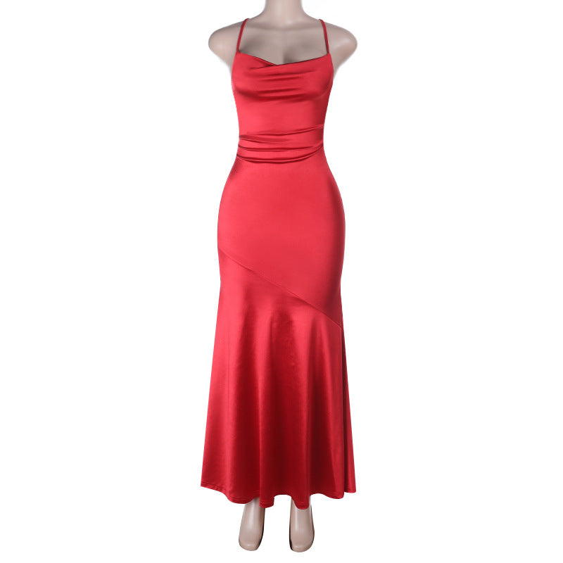 Elegant Red Satin Cowl Neck Criss-Cross Back Mermaid Maxi Dress - Perfect for Holiday Galas & New Year's Eve