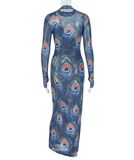Mesmerizing Peacock Feather Mesh Maxi Dress - High Neck, Slit & Long Sleeve for Fall/Holiday Elegance
