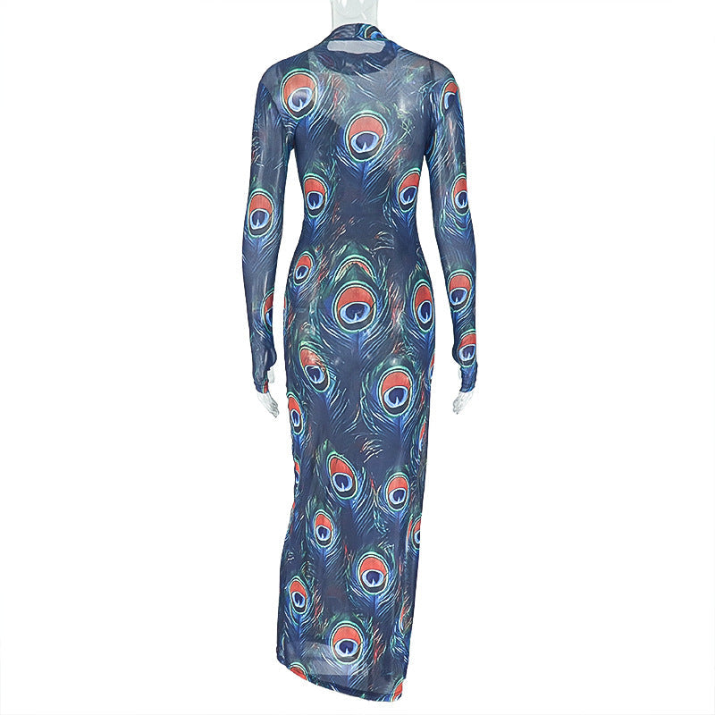 Mesmerizing Peacock Feather Mesh Maxi Dress - High Neck, Slit & Long Sleeve for Fall/Holiday Elegance