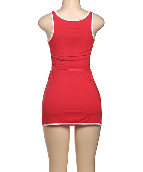 Flirty & Sporty: Vibrant Red Scalloped Hem Tank & Mini Skirt Set - Your Go-To for Fall Fun