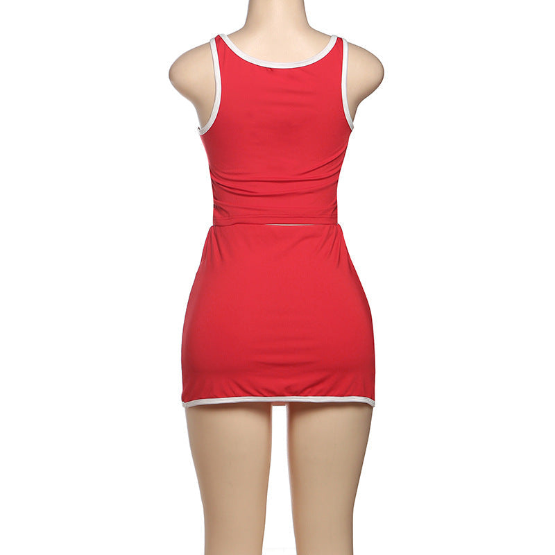 Flirty & Sporty: Vibrant Red Scalloped Hem Tank & Mini Skirt Set - Your Go-To for Fall Fun