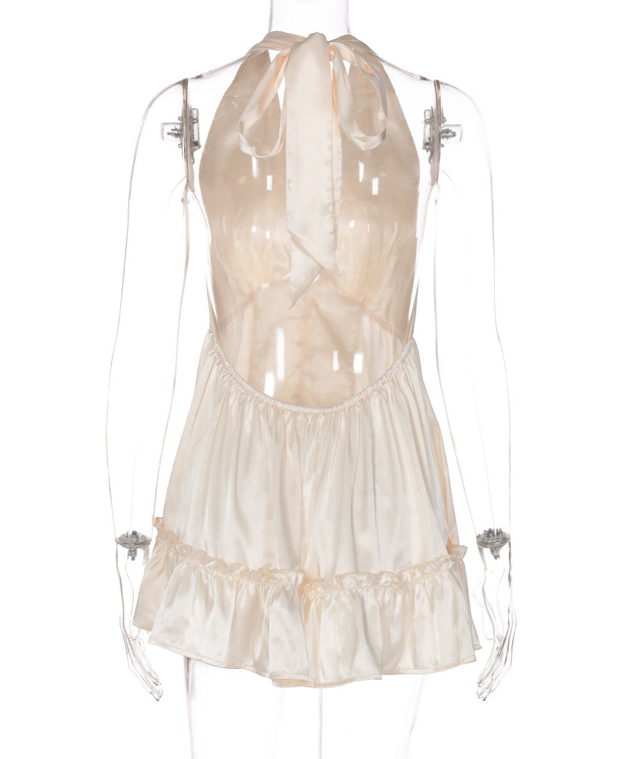 Effortless Chic: Champagne Halter Deep V Satin Mini Dress - Holiday Party & Date Night Ready