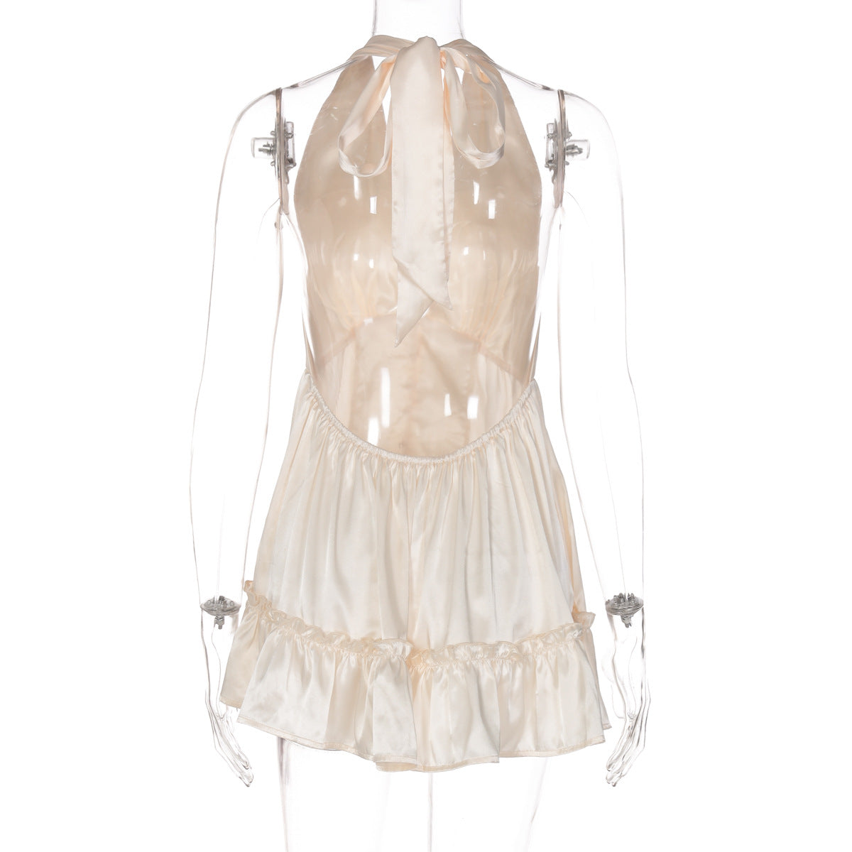 Effortless Chic: Champagne Halter Deep V Satin Mini Dress - Holiday Party & Date Night Ready