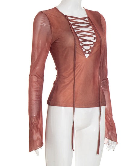 Spiced Rust Sheer Lace-Up Mesh Top - Fall V-Neck Bell Sleeve Blouse