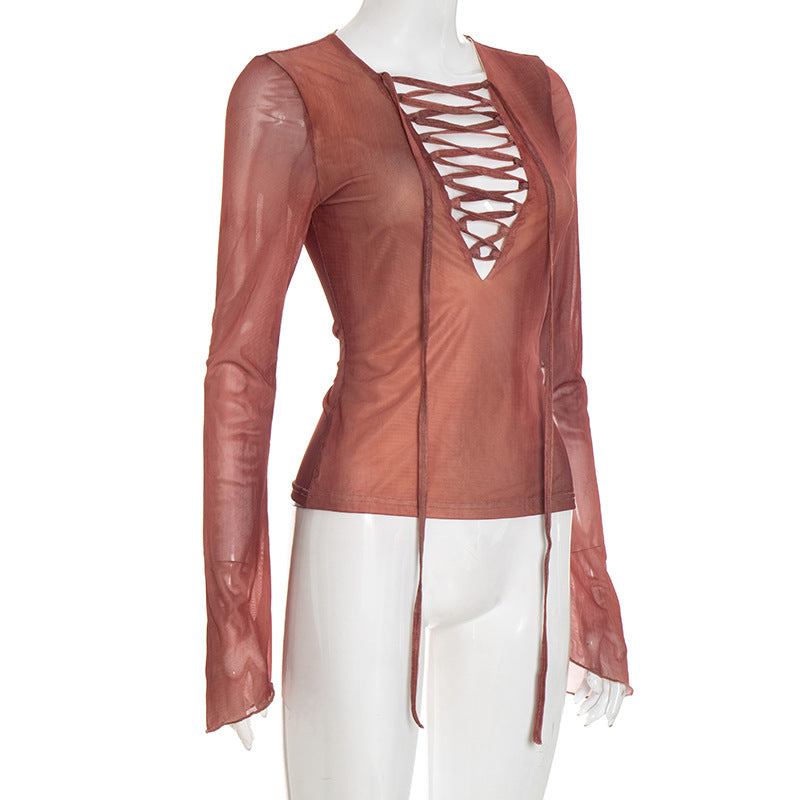 Spiced Rust Sheer Lace-Up Mesh Top - Fall V-Neck Bell Sleeve Blouse