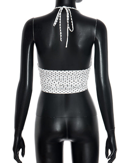 Chic Polka Dot Halter Top – Adjustable Ruched Drawstring for Effortless Fall Style & Getaways