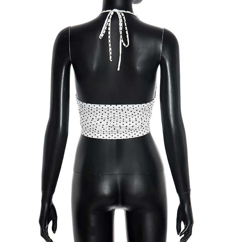 Chic Polka Dot Halter Top – Adjustable Ruched Drawstring for Effortless Fall Style & Getaways
