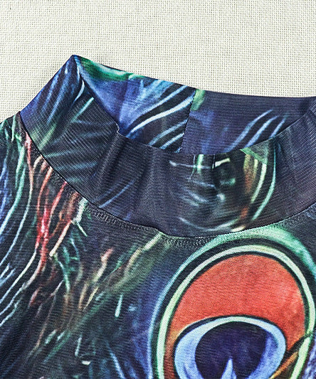 Mesmerizing Peacock Feather Mesh Maxi Dress - High Neck, Slit & Long Sleeve for Fall/Holiday Elegance