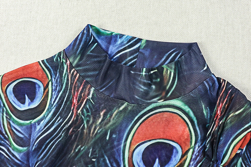 Mesmerizing Peacock Feather Mesh Maxi Dress - High Neck, Slit & Long Sleeve for Fall/Holiday Elegance