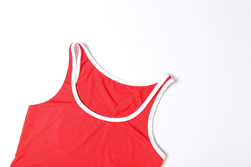 Flirty & Sporty: Vibrant Red Scalloped Hem Tank & Mini Skirt Set - Your Go-To for Fall Fun
