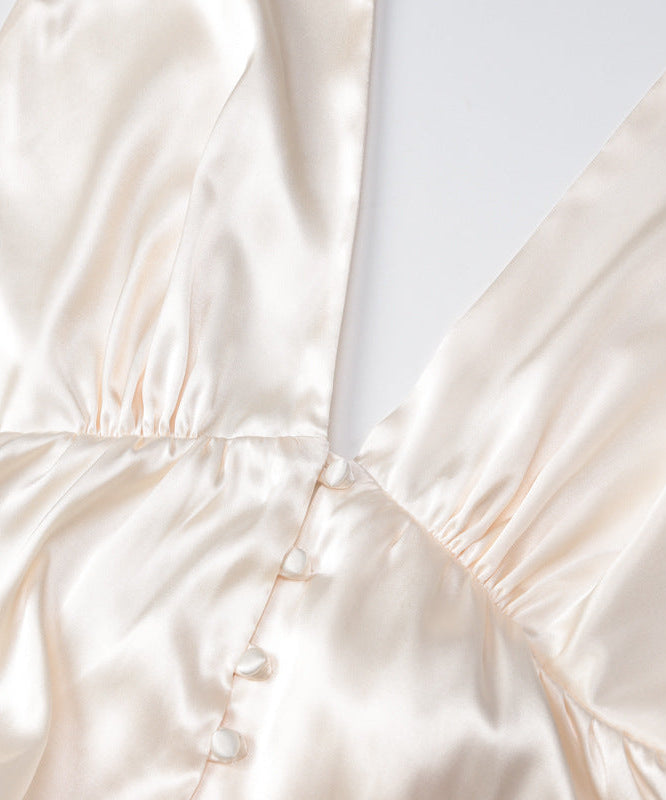 Effortless Chic: Champagne Halter Deep V Satin Mini Dress - Holiday Party & Date Night Ready