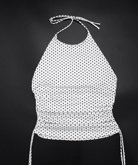 Chic Polka Dot Halter Top – Adjustable Ruched Drawstring for Effortless Fall Style & Getaways