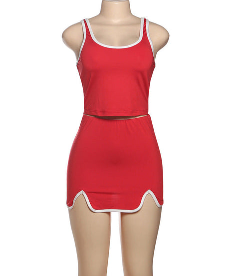 Flirty & Sporty: Vibrant Red Scalloped Hem Tank & Mini Skirt Set - Your Go-To for Fall Fun