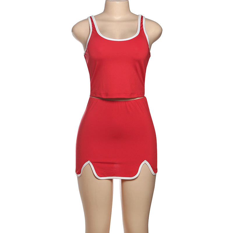 Flirty & Sporty: Vibrant Red Scalloped Hem Tank & Mini Skirt Set - Your Go-To for Fall Fun