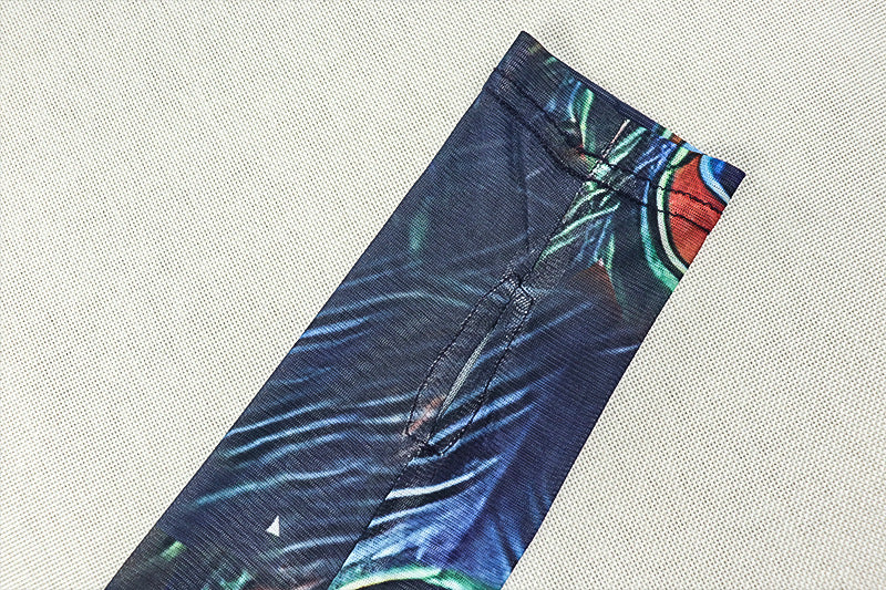 Mesmerizing Peacock Feather Mesh Maxi Dress - High Neck, Slit & Long Sleeve for Fall/Holiday Elegance