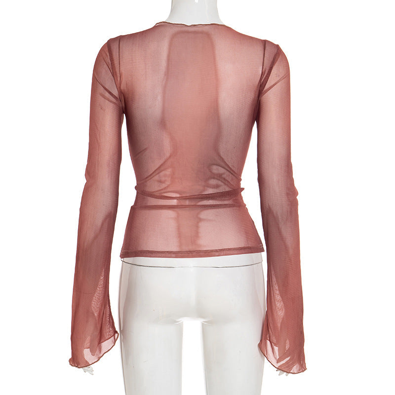 Spiced Rust Sheer Lace-Up Mesh Top - Fall V-Neck Bell Sleeve Blouse