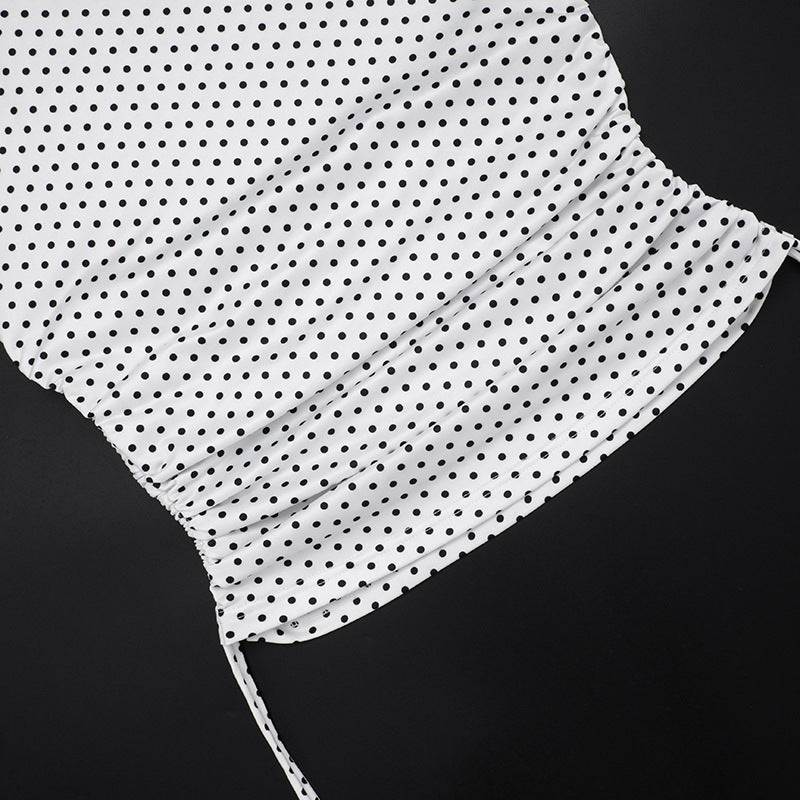 Chic Polka Dot Halter Top – Adjustable Ruched Drawstring for Effortless Fall Style & Getaways