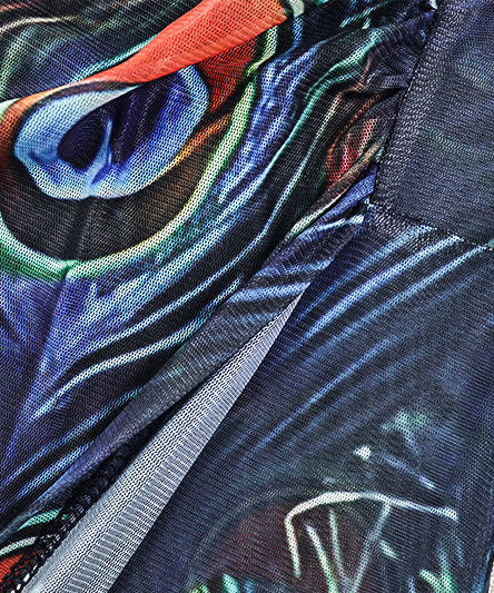 Mesmerizing Peacock Feather Mesh Maxi Dress - High Neck, Slit & Long Sleeve for Fall/Holiday Elegance