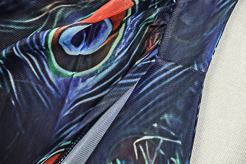 Mesmerizing Peacock Feather Mesh Maxi Dress - High Neck, Slit & Long Sleeve for Fall/Holiday Elegance