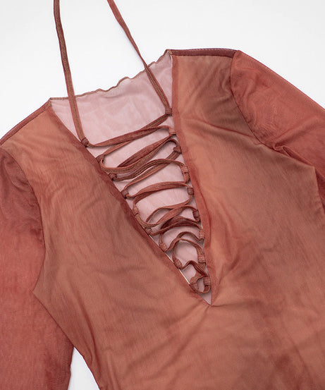 Spiced Rust Sheer Lace-Up Mesh Top - Fall V-Neck Bell Sleeve Blouse