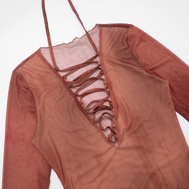 Spiced Rust Sheer Lace-Up Mesh Top - Fall V-Neck Bell Sleeve Blouse